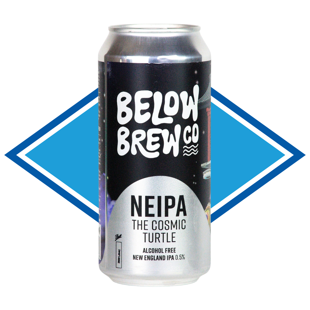 Beer can labeled 'Below Brew Co. NEIPA The Cosmic Turtle' on a white background with a blue diamond shape.