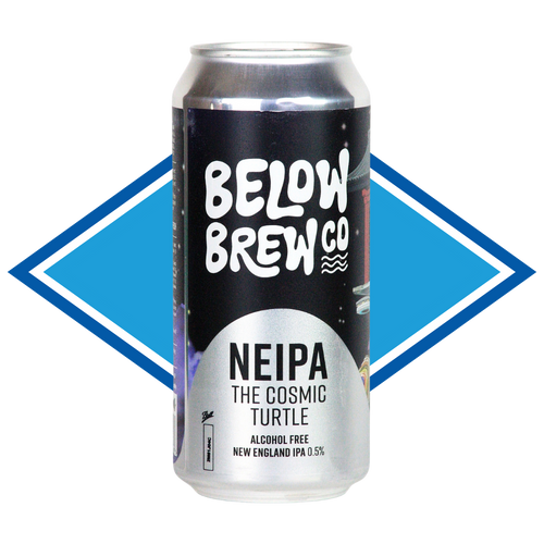 Beer can labeled 'Below Brew Co. NEIPA The Cosmic Turtle' on a white background with a blue diamond shape.