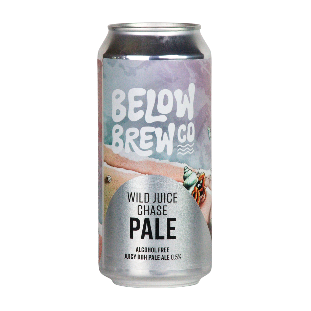 Silver can with 'Below Brew Co' branding and beach-themed design on a white background