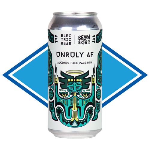 Beer can labeled 'Unruly AF' with a stylized cat design on a white background
