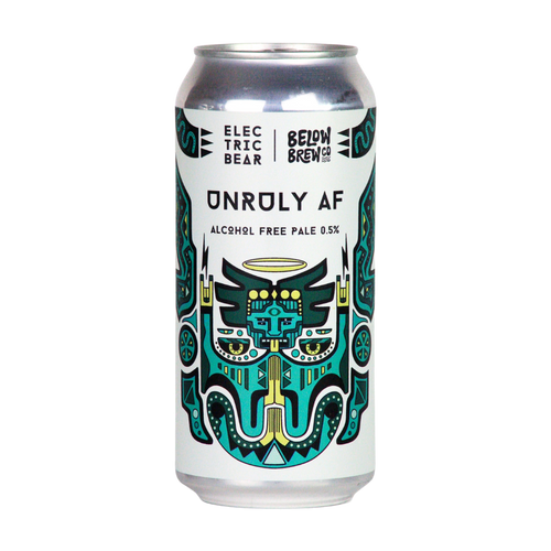 Beer can with artistic design and text on a white background. The Mask style design is Green and gold. 