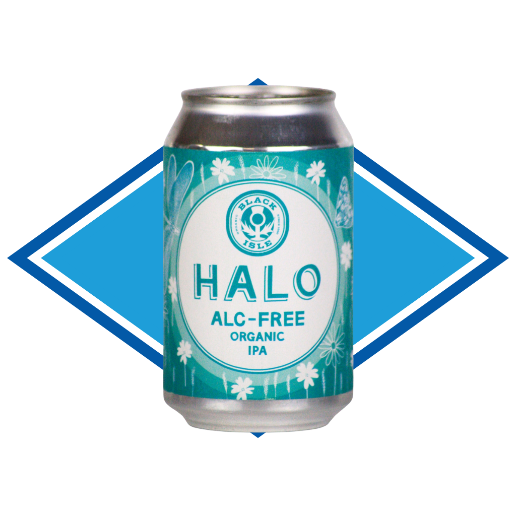 Halo alc-free organic IPA teal can on a white background
