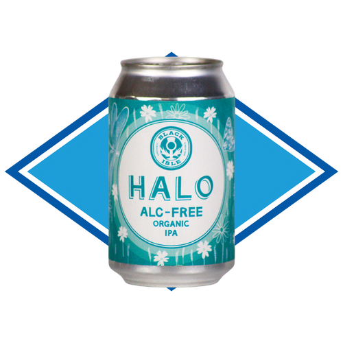 Halo alc-free organic IPA teal can on a white background