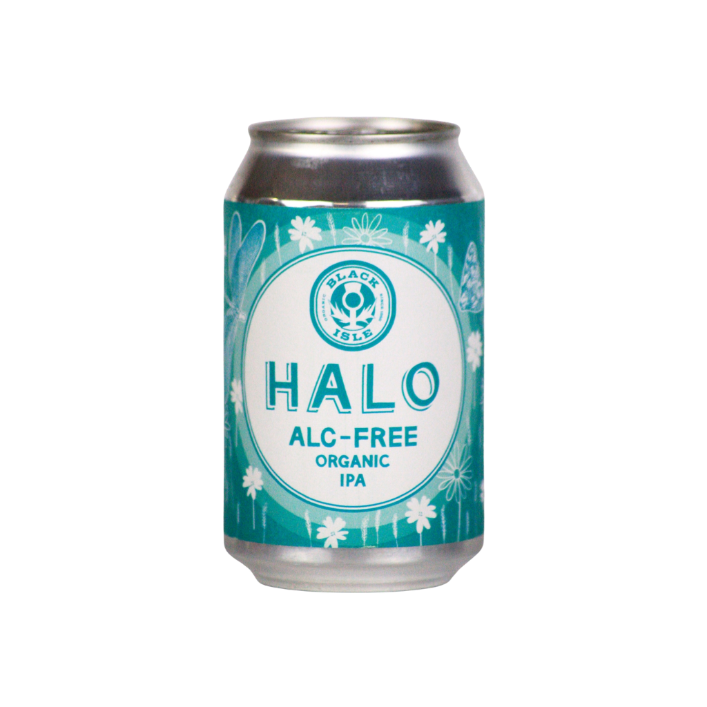 non-alcoholic Vegan organic IPA can with 'HALO' branding on a white background