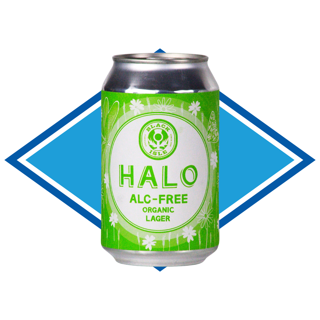 Can of Black Isle Halo Lager in front of The Alcohol Free Drinks Company blue diamond.