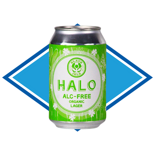 Can of Black Isle Halo Lager in front of The Alcohol Free Drinks Company blue diamond.