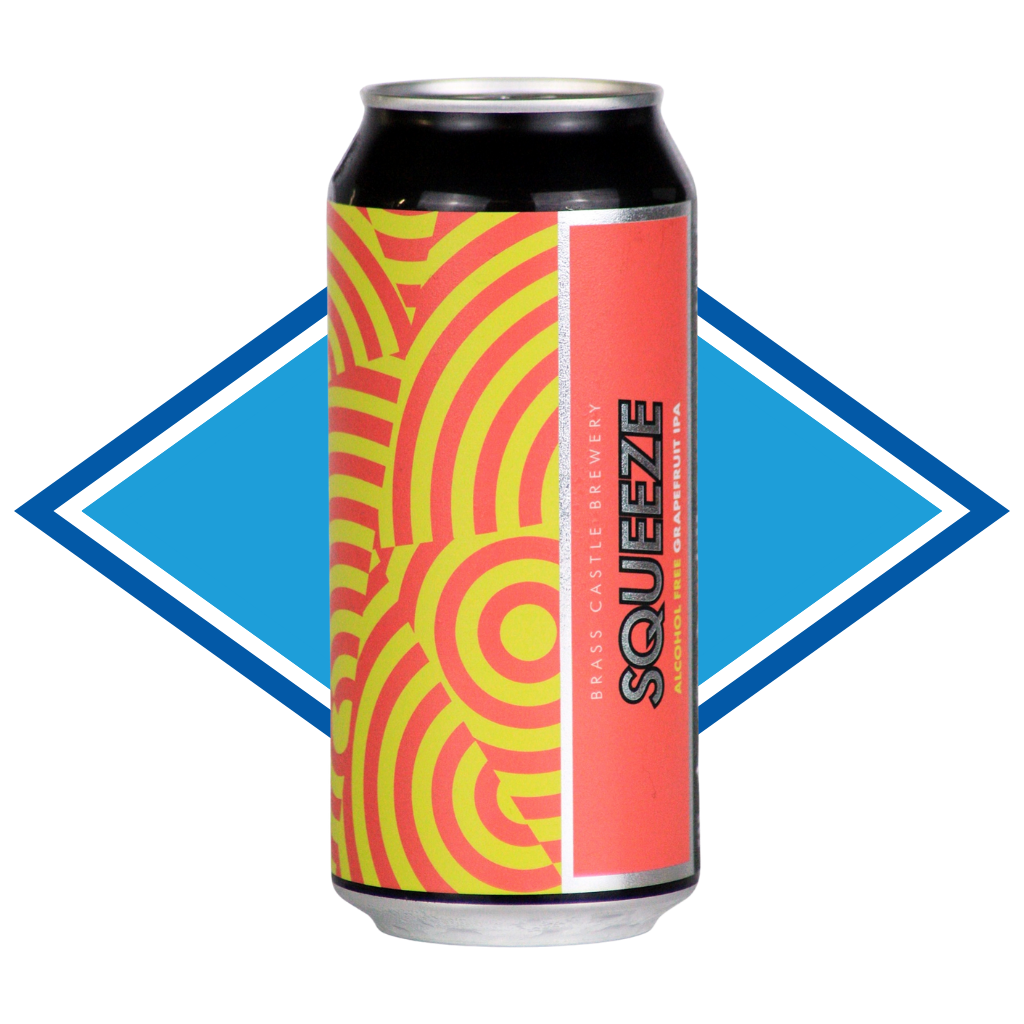 A single aluminum beverage can with a black top and bottom, featuring a bright label design with concentric yellow and coral-red arcs on the left and a solid coral-red vertical panel on the right with the word SQUEEZE in black. The can is centered against a white background with a large blue diamond graphic behind it.