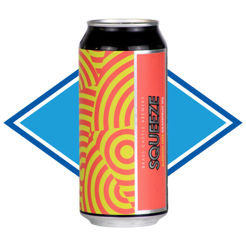 A single aluminum beverage can with a black top and bottom, featuring a bright label design with concentric yellow and coral-red arcs on the left and a solid coral-red vertical panel on the right with the word SQUEEZE in black. The can is centered against a white background with a large blue diamond graphic behind it.