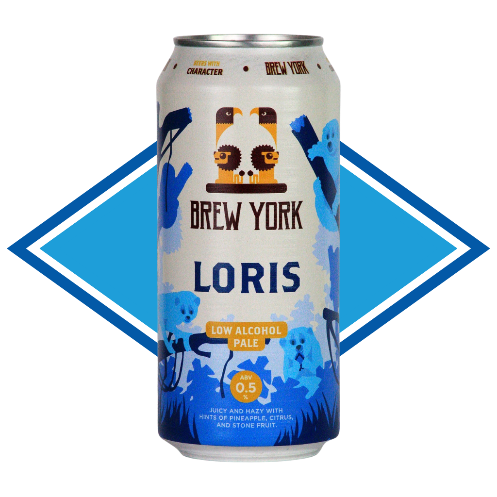 Can of Loris in front of The Alcohol Free Drinks Company blue diamond.