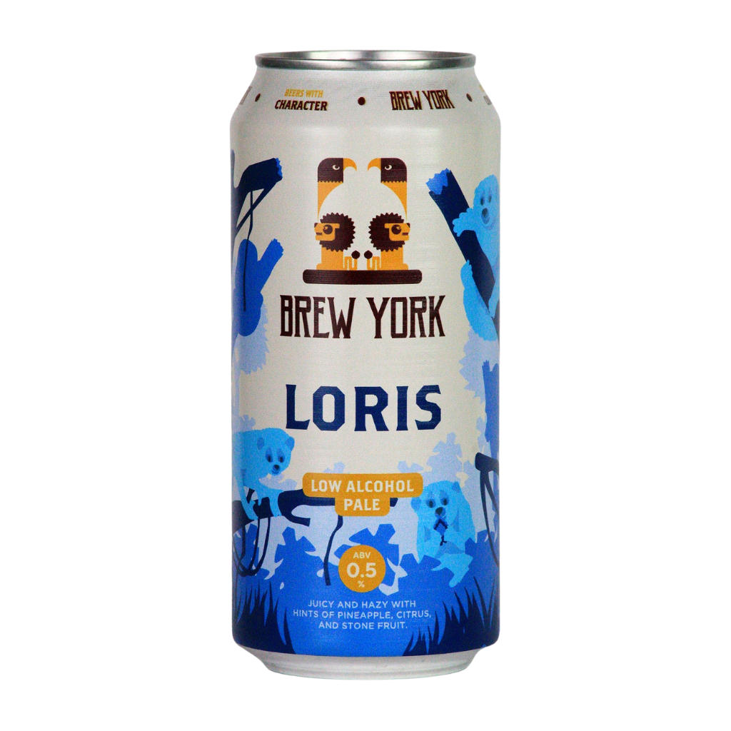 Brew York Non Alcoholic Loris beer can with blue and white design on a white background