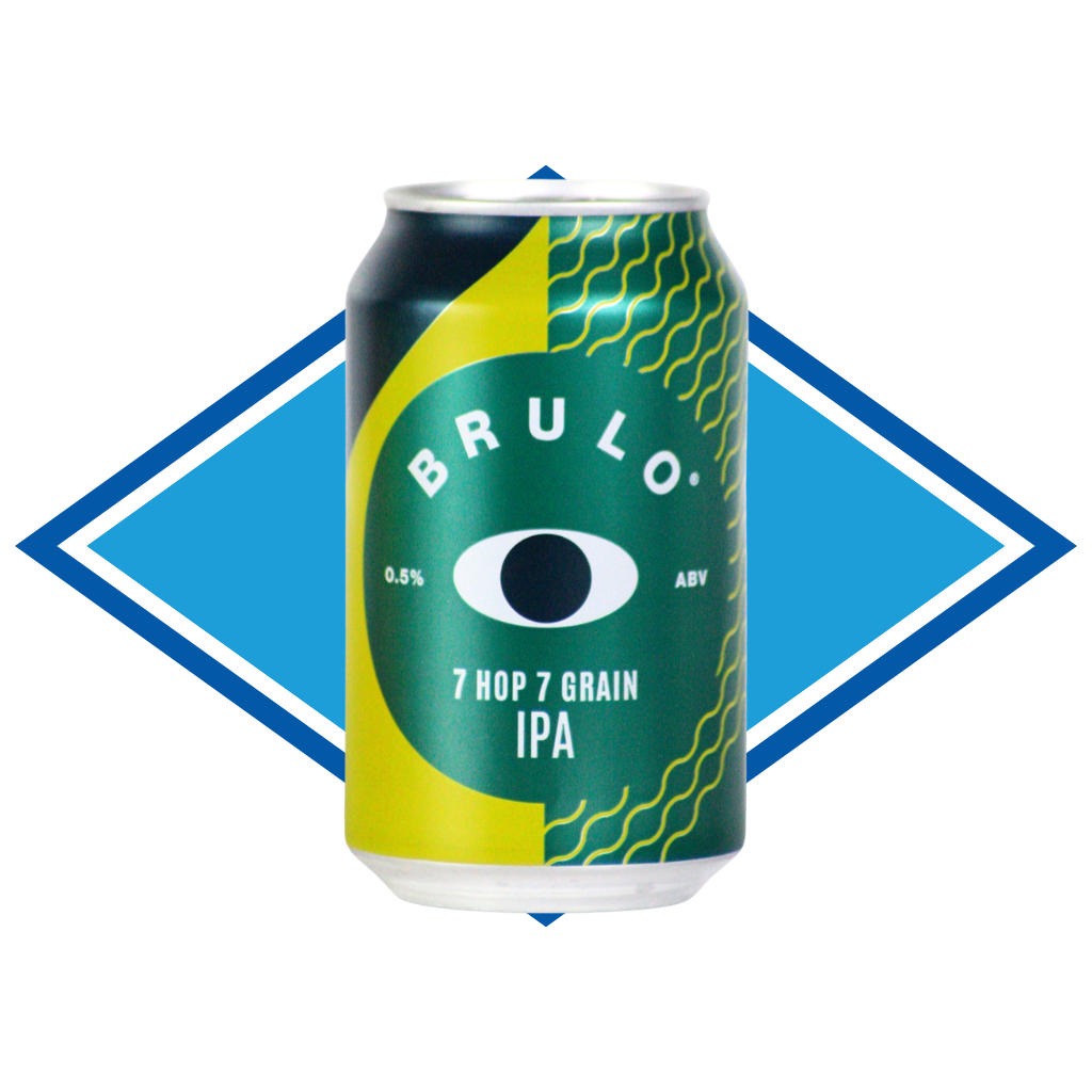 A Green Can of 7 Hop 7 Grain IPA in front of The Alcohol Free Drinks Company blue diamond.