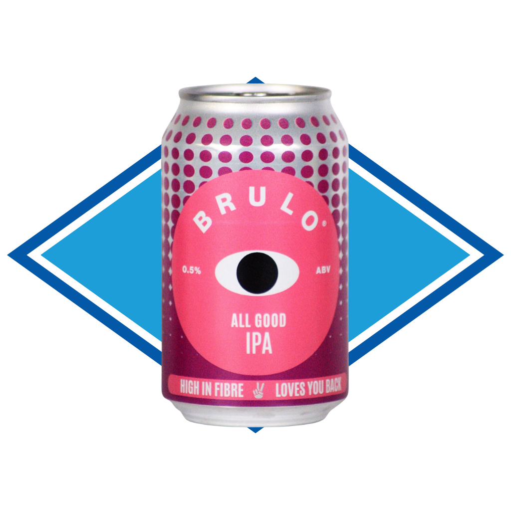 Brulo All Good IPA can with pink label and blue diamond background