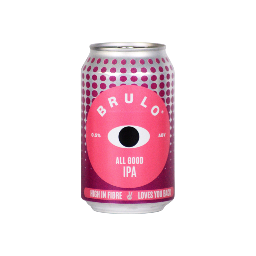 Brulo All Good IPA can with pink label on a white background. This is the UKS first High Fibre IPA