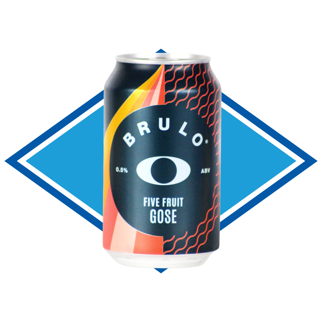 Can of BRULO Five Fruit Gose in front of The Alcohol Free Drinks blue diamond.