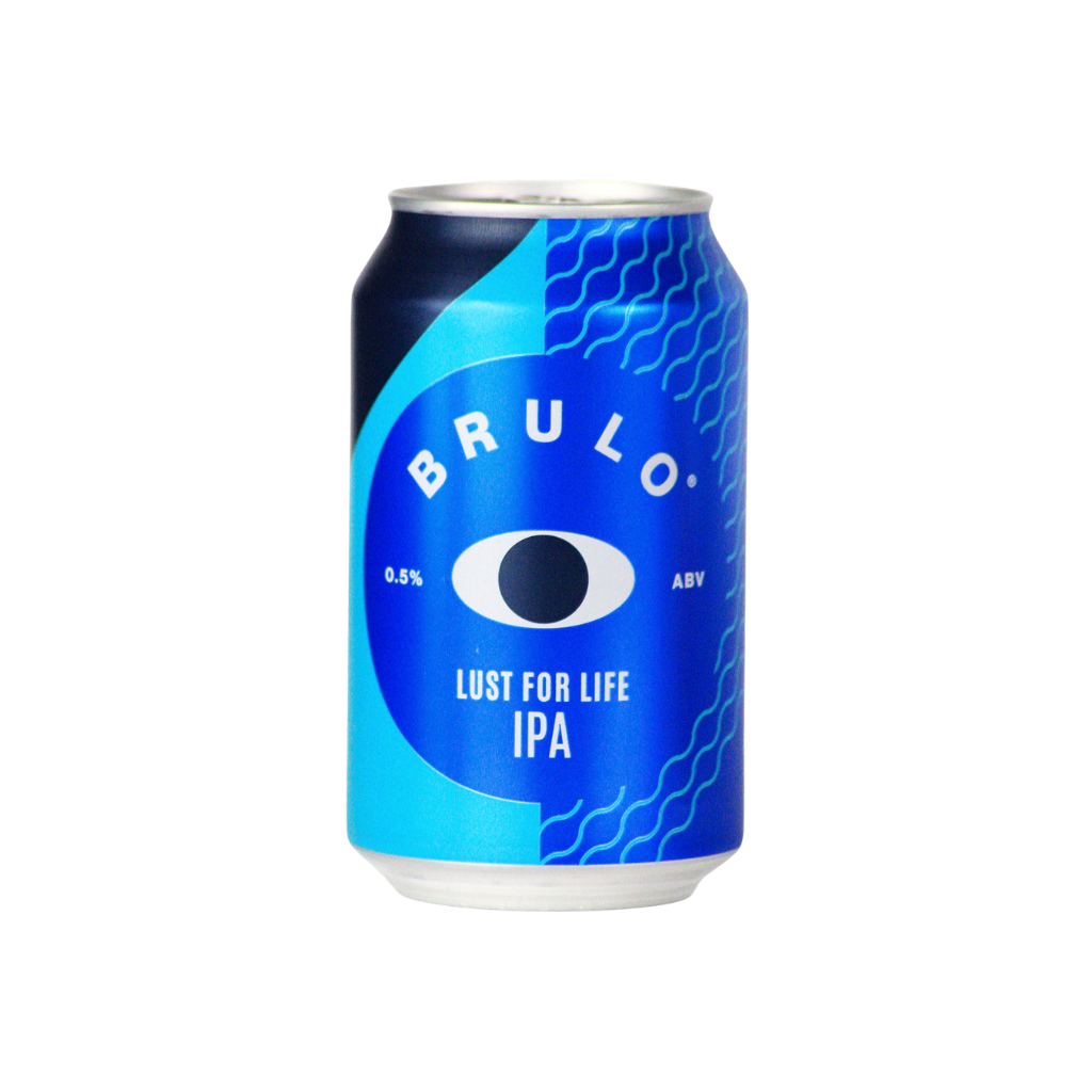 Blue can of BRULO Lust for Life IPA on a white background