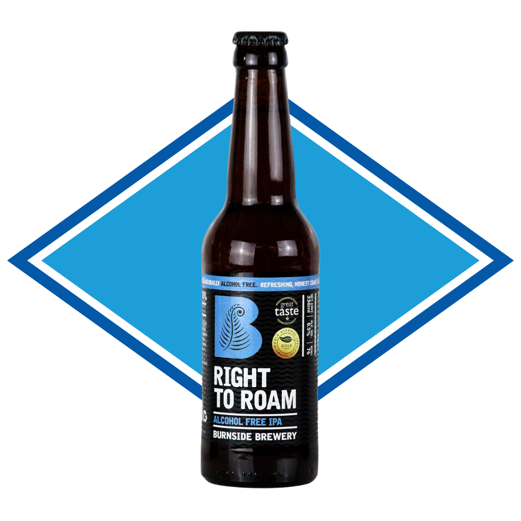 Bottle of Right to Roam beer from Burnside Brewery with a blue diamond shape in the background