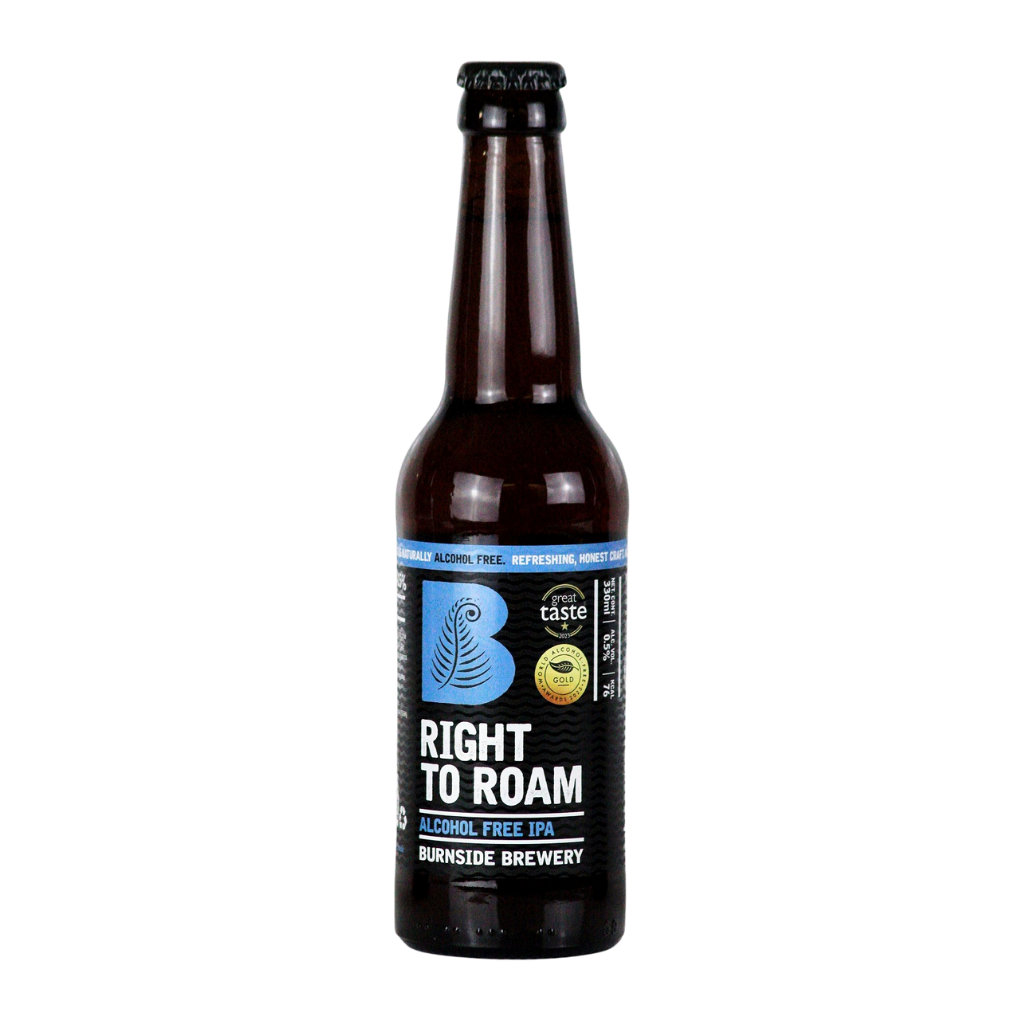 Bottle of Right to Roam beer from Burnside Brewery on a white background