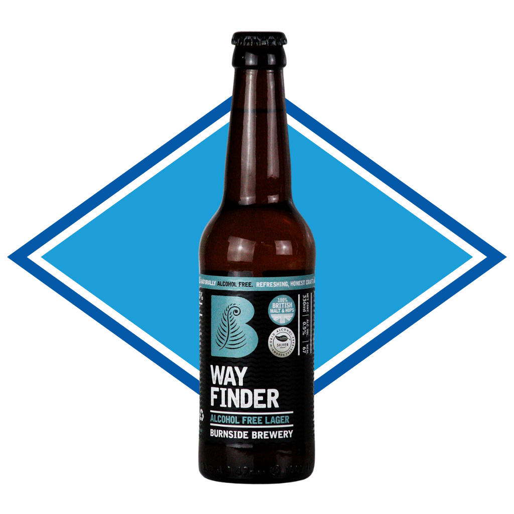 Bottle of Way Finder alcohol-free lager with a blue diamond shape in the background