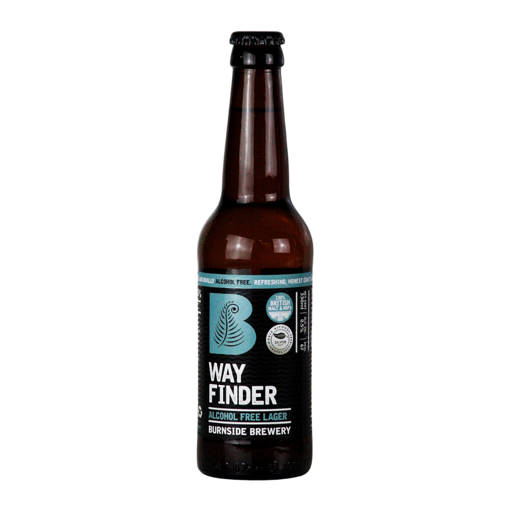 A Bottle of Award winning Burnside Way Finder Alcohol Free Lager. Black Label with blue and white writing with Silver WAFA sticker on the label