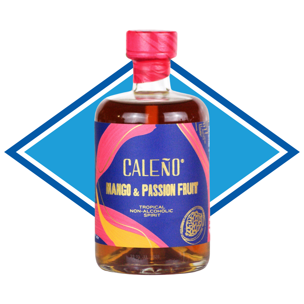 Bottle of Caleño Mango & Passion Fruit tropical non-alcoholic spirit with colorful label on a blue diamond-shaped background.