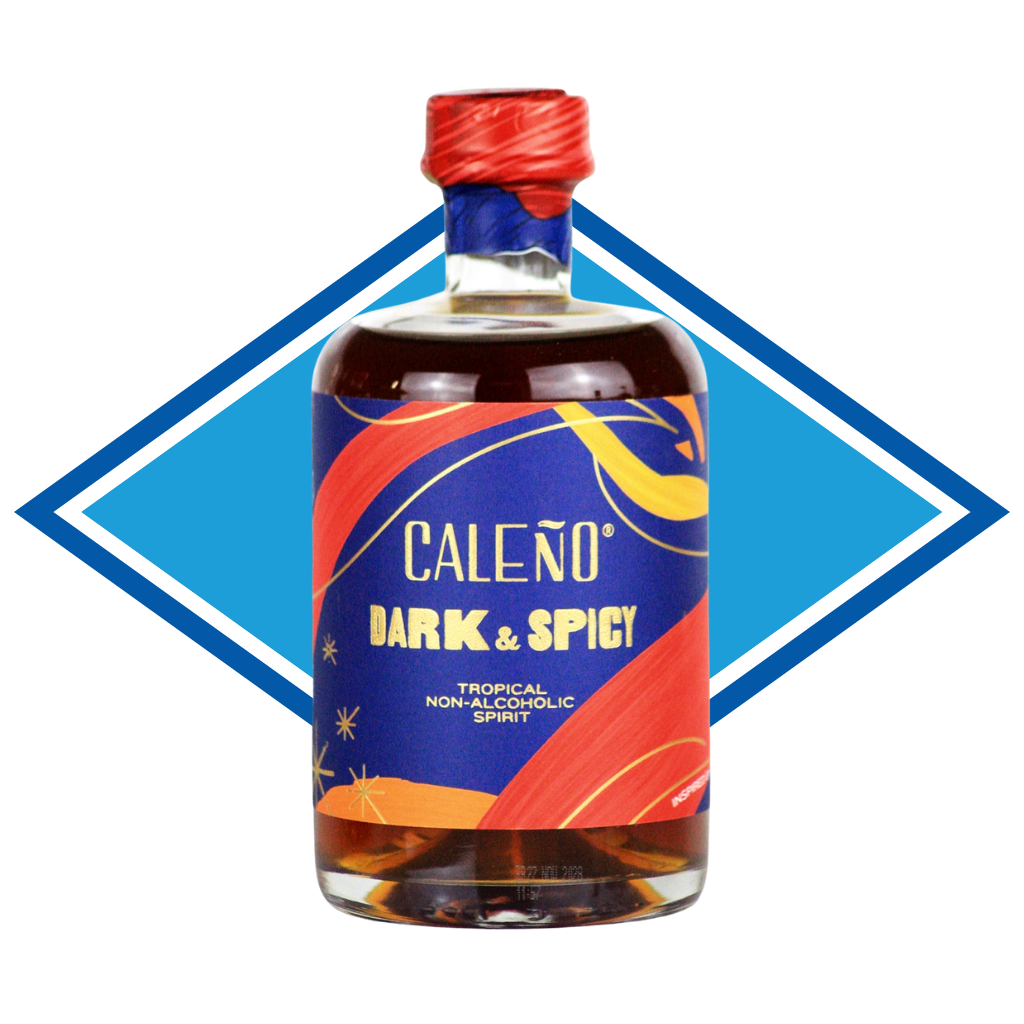 Bottle of Caleño Dark & Spicy on a blue diamond background