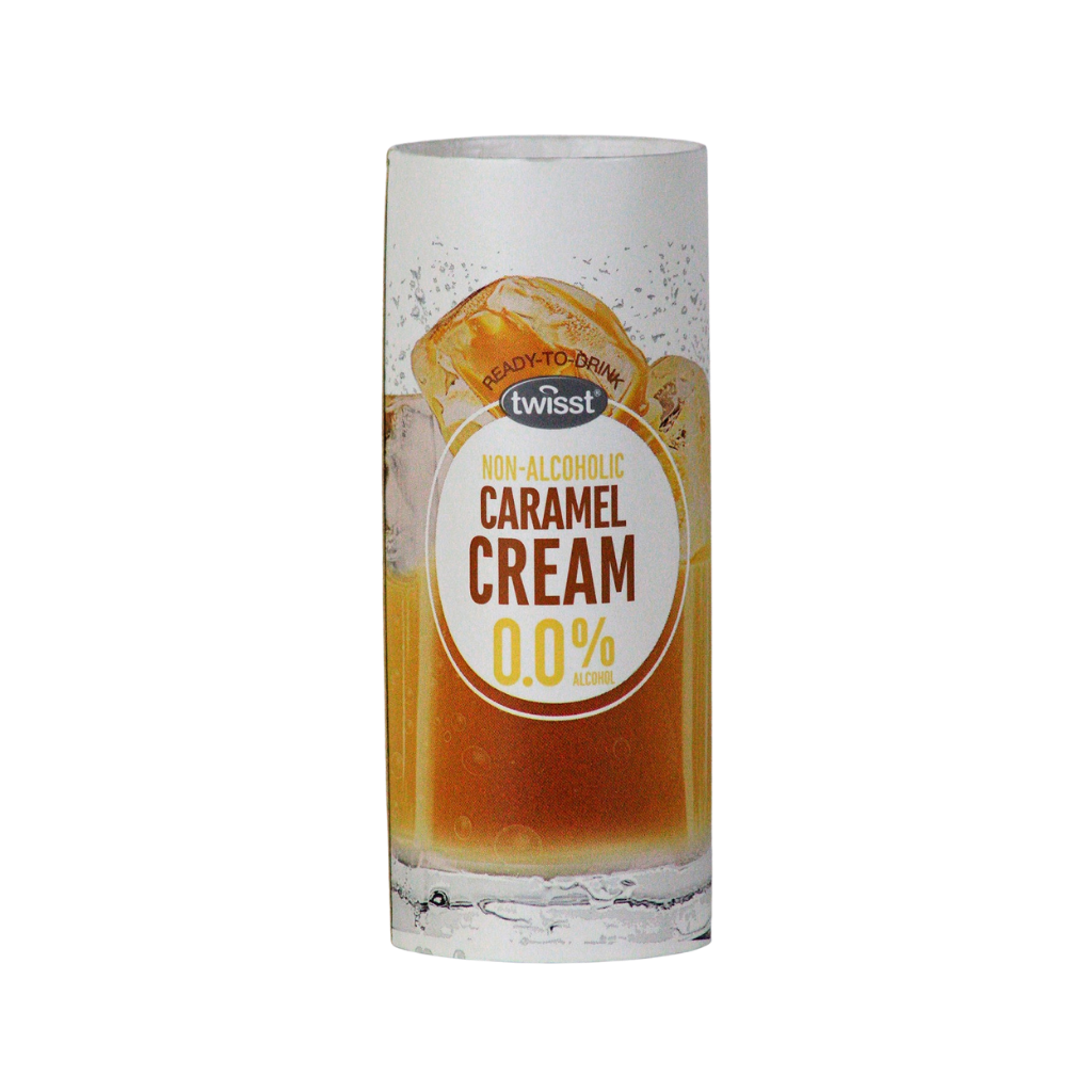 Cylindrical container of Twists non-alcoholic caramel cream drink on a white background. This is the closest AF drink to Baileys Irish Cream