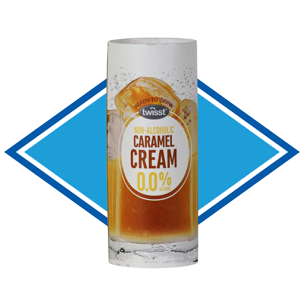 Non-alcoholic caramel cream drink container with 'twist' branding on a white background