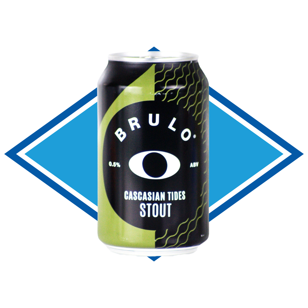 Can of Cascasian Tides Stout in front of The Alcohol Free Drinks blue diamond.