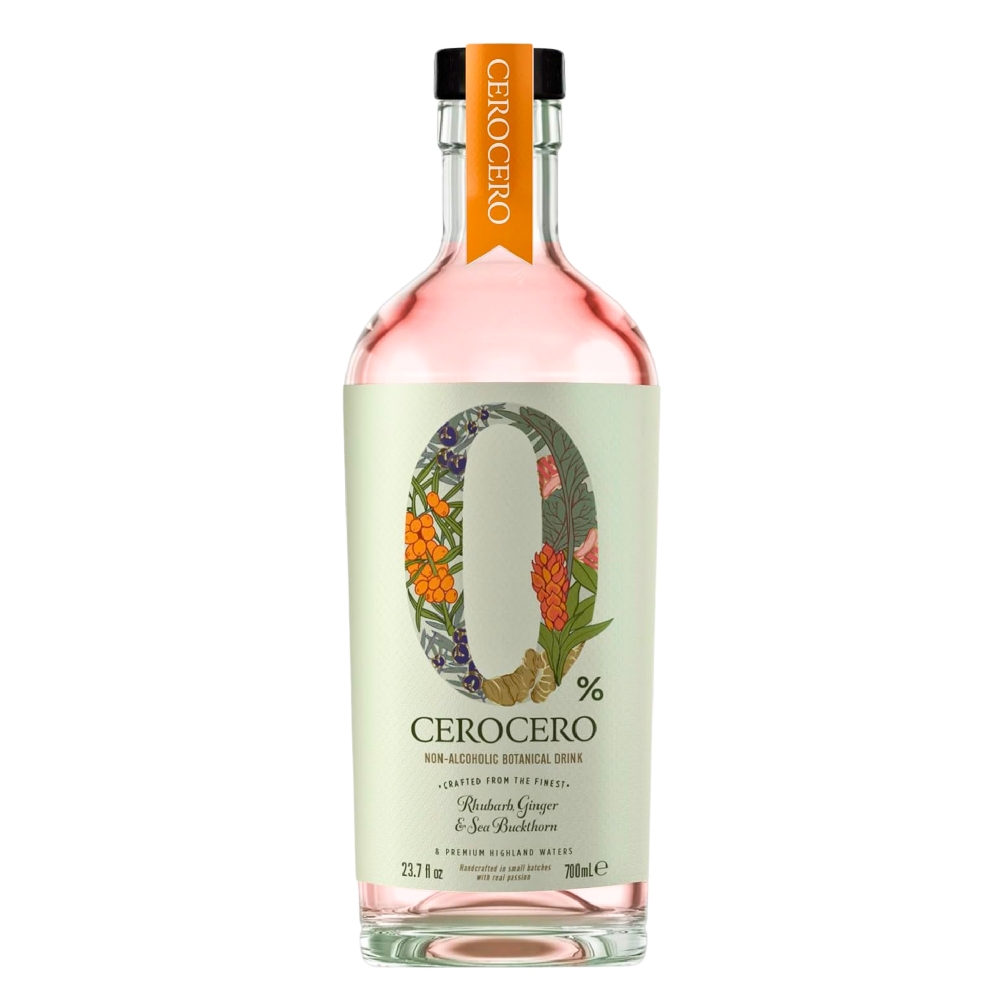 Bottle of Cerocero non-alcoholic botanical drink with a colorful label on a white background