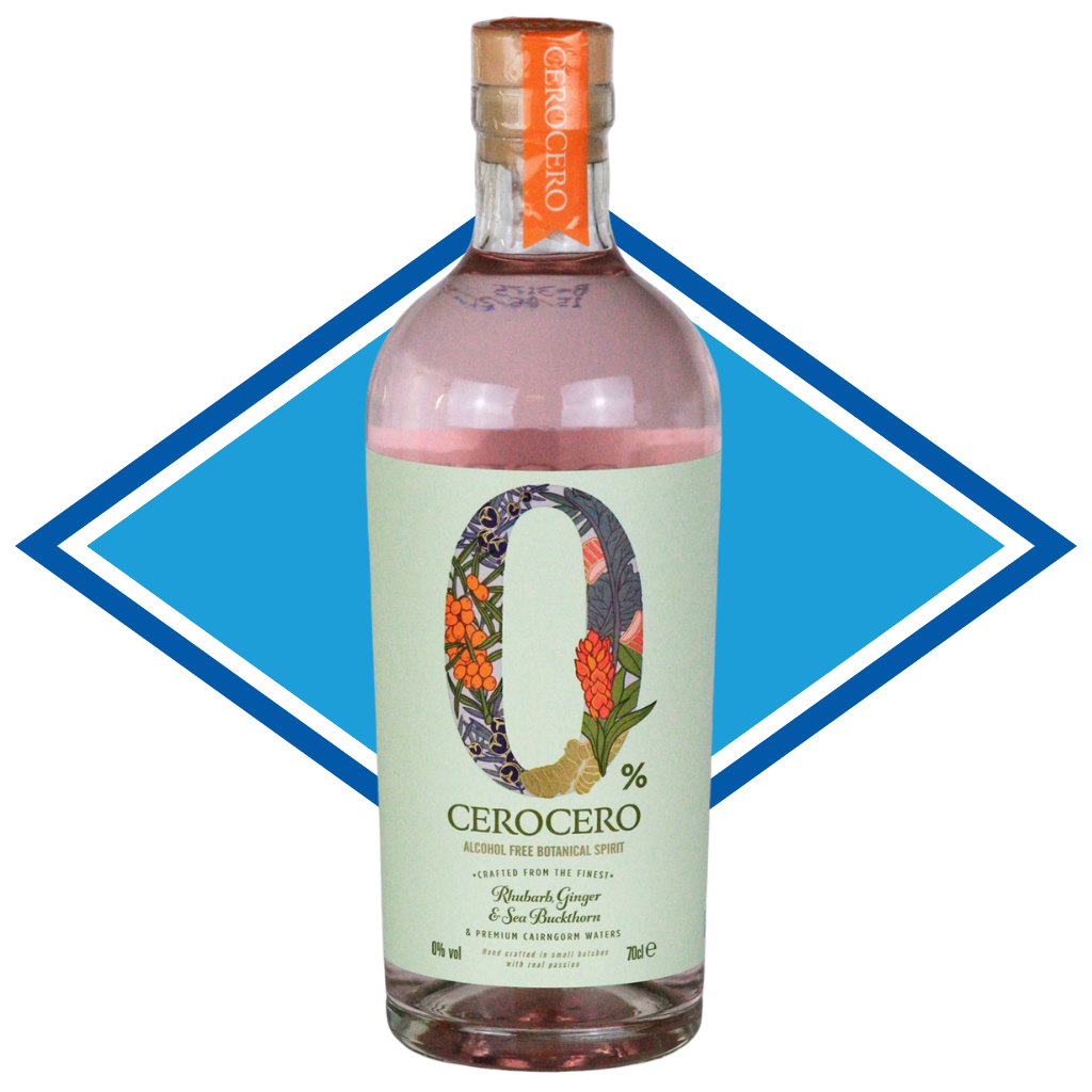 Bottle of Cero Cero alcohol-free alcoholic drink with a decorative label on a white background.