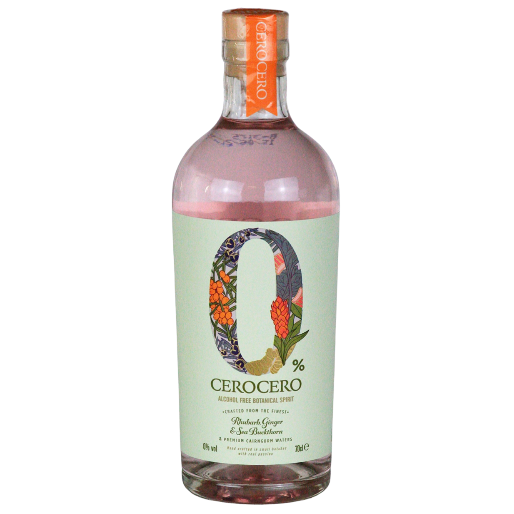 Bottle of Cero Cero alcohol-free alcoholic spirit on a white background. 0.0% Gin