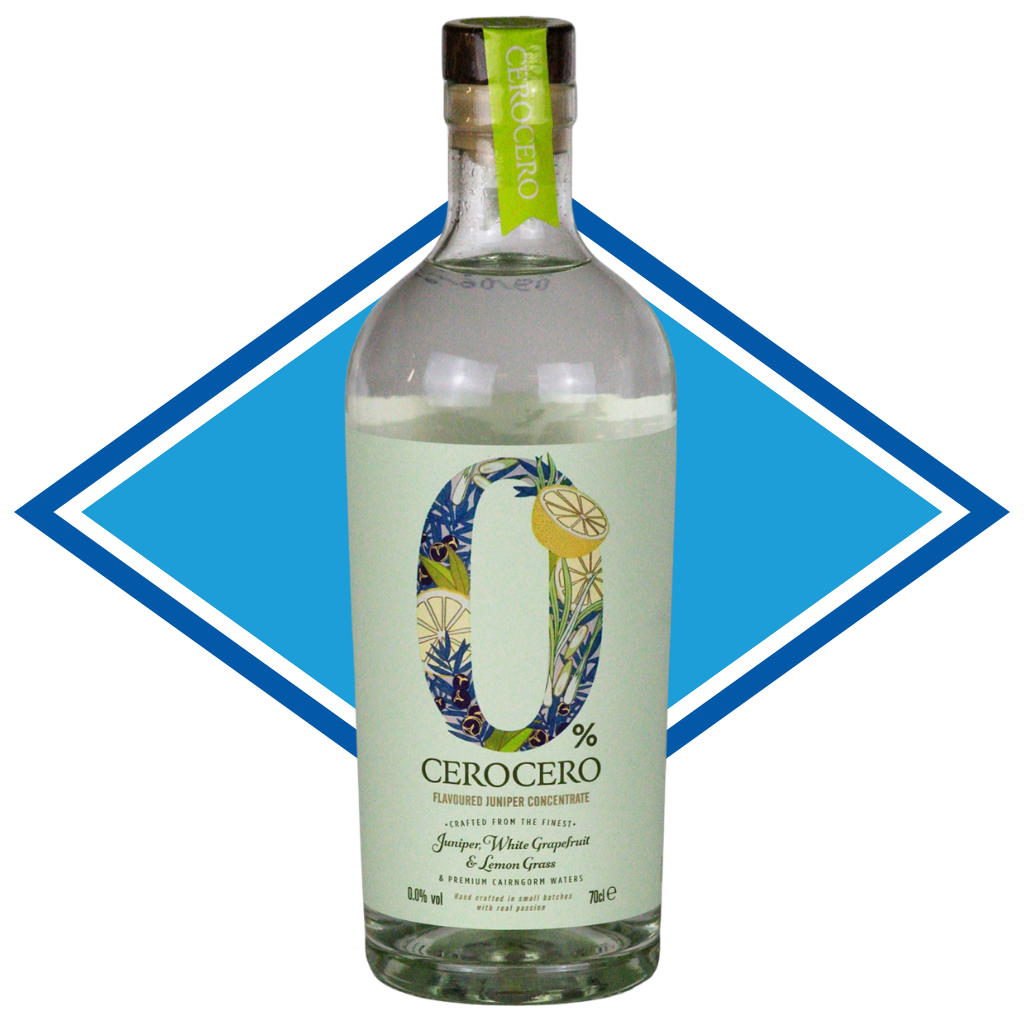 Bottle of Cerocero 0% on a white background with a blue diamond shape