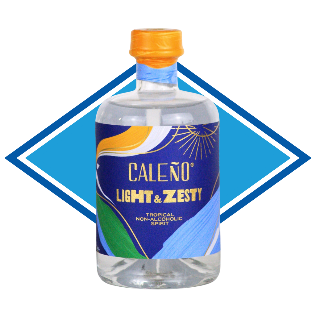 Bottle of Caleño Light & Zesty on a white background with a blue diamond shape overlay.