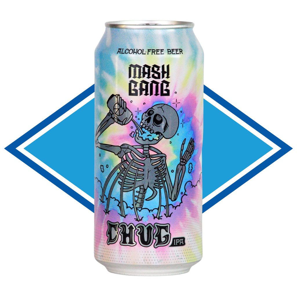Can of Mash Gang Chug in front of The Alcohol Free Drinks blue diamond.