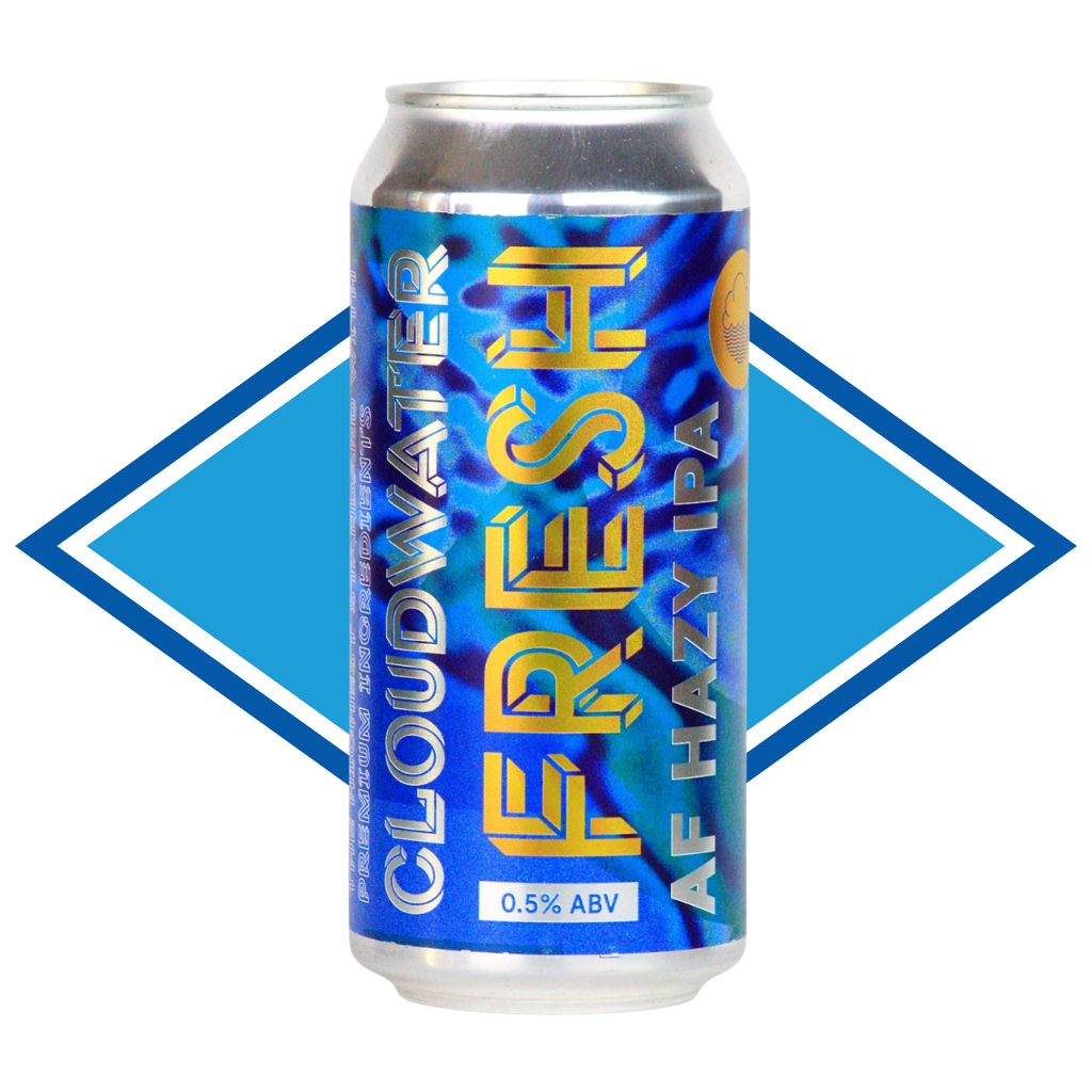 Can of Cloudwater Fresh AF Hazy IPA with blue and yellow design on a white background