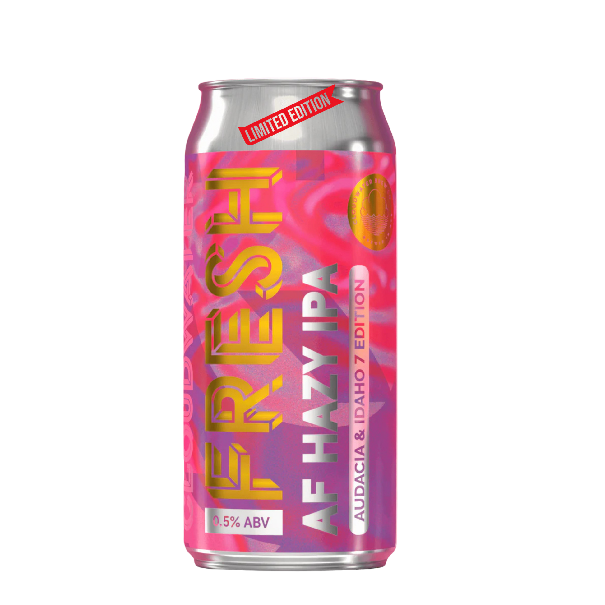 Pink and silver can of Fresh AF Hazy IPA with 'Limited Edition' text on a white background