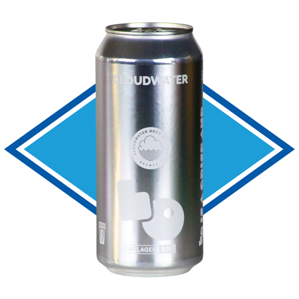 A silver aluminum can of Cloudwater Lager 0.4% AB. Featuring a white logo and text, set against a blue diamond-shaped graphic on a white background.