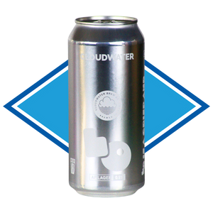 A silver aluminum can of Cloudwater Lager 0.4% AB. Featuring a white logo and text, set against a blue diamond-shaped graphic on a white background.