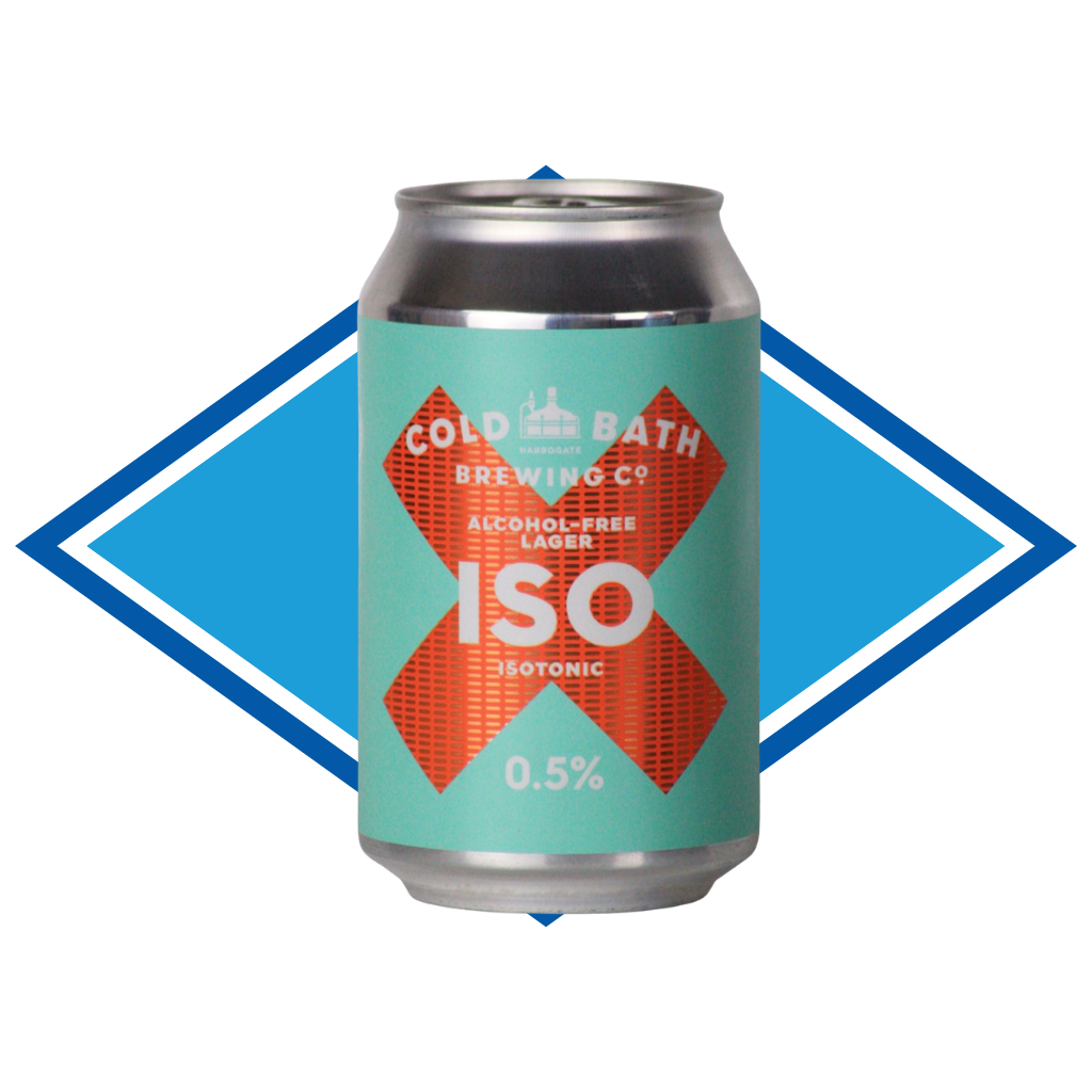 Alcohol-free lager can with 'Cold Bath Brewing Co' branding on a blue diamond background