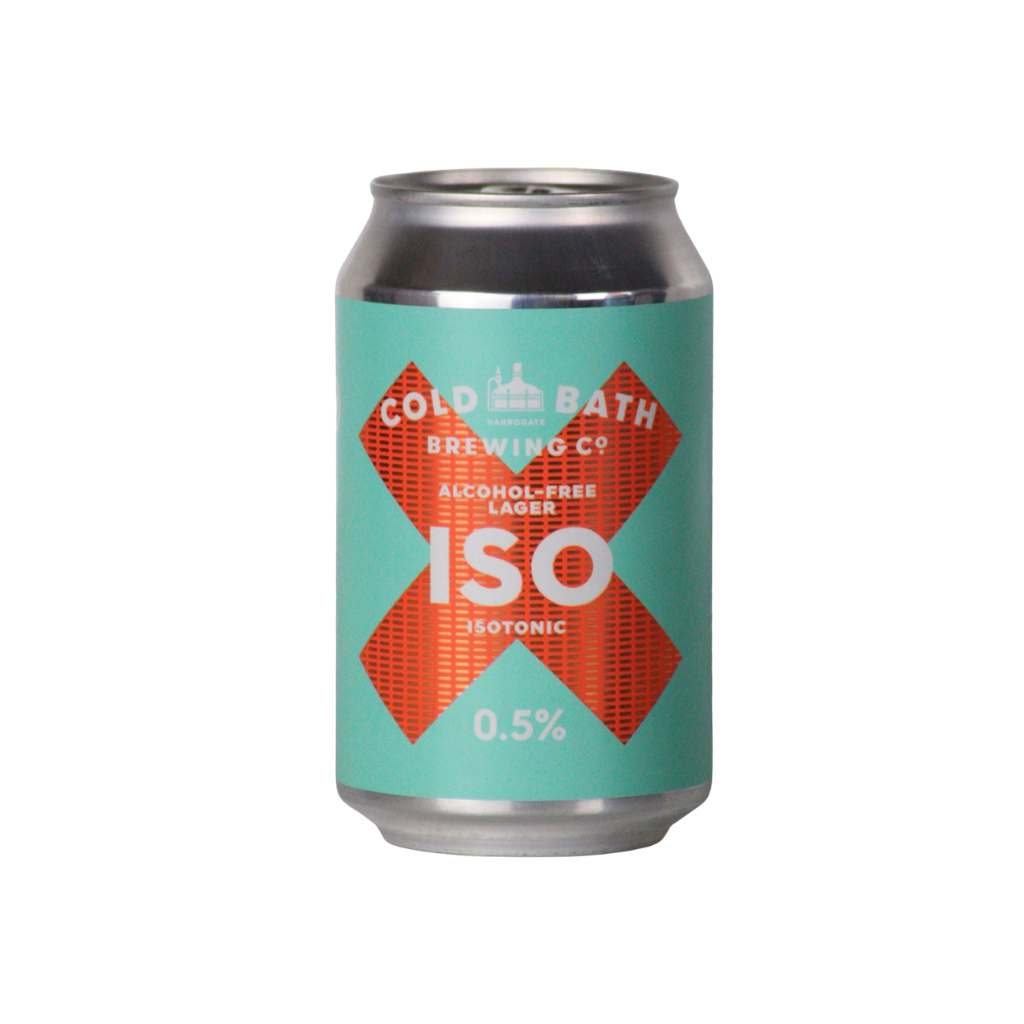 Alcohol-free lager can with turquoise label and red design on a white background
