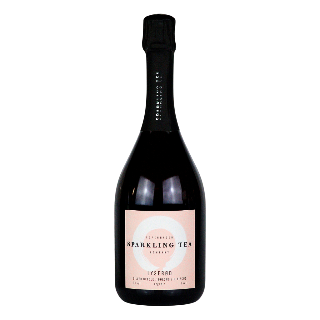 Bottle of Copenhagen Sparkling Tea LYSERØD (Light Red) 75cl Sparkling Tea with a pink label on a white background