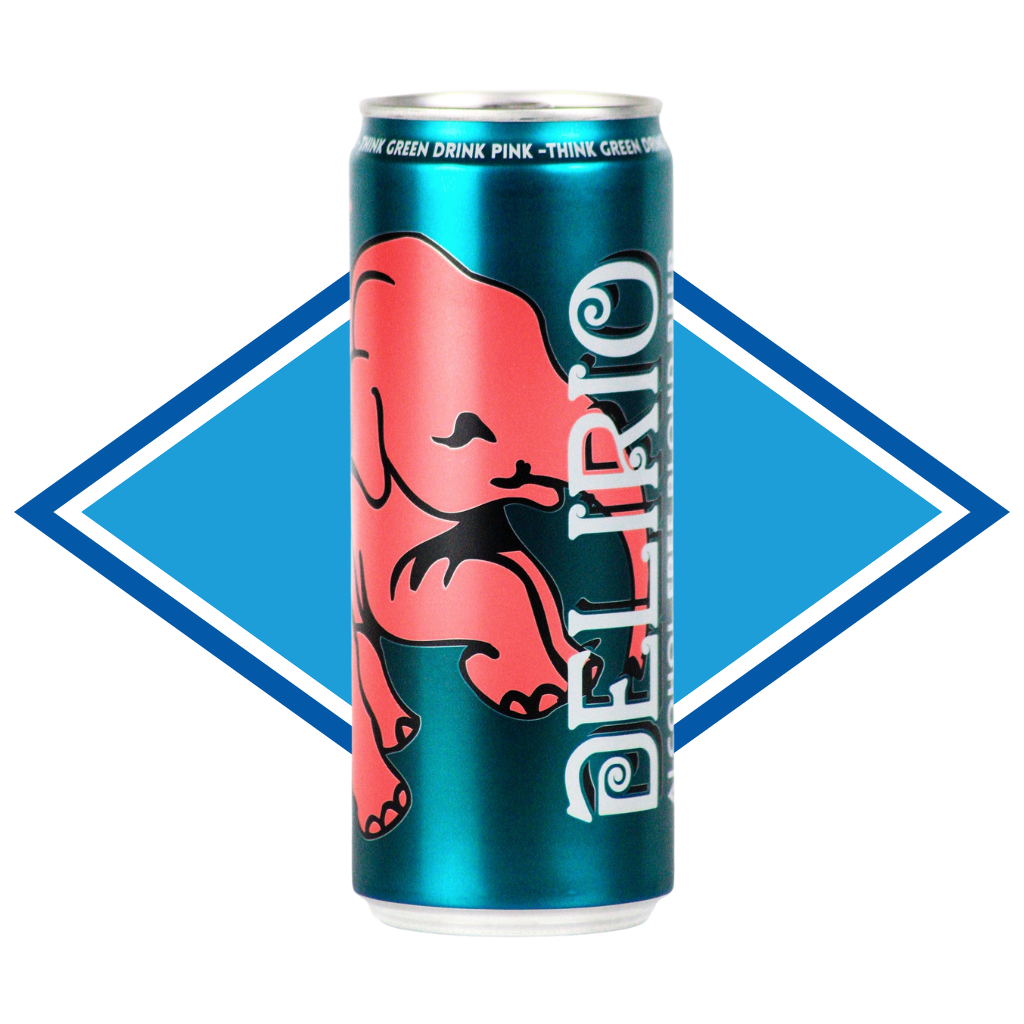 Can of Delirio beer with a pink elephant graphic on a white background
