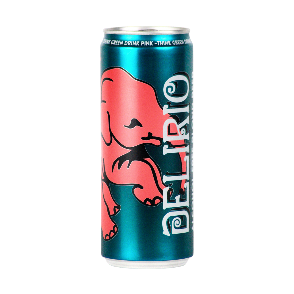 Delirio beer can with pink and teal design on a white background