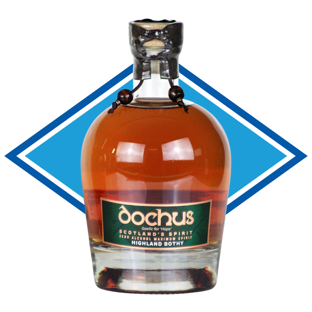 Bottle of Dochus Scotch Whisky on a white background with a blue diamond shape