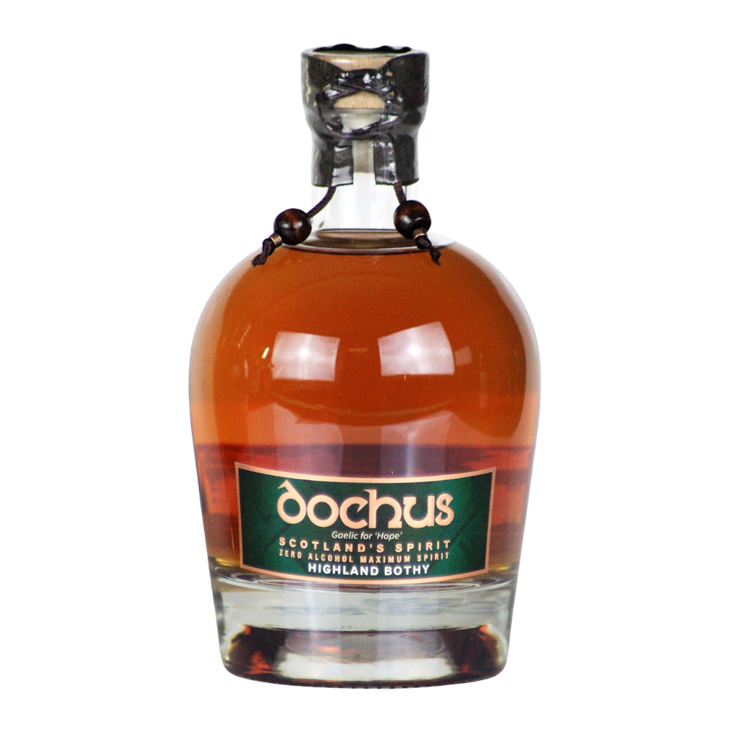 Bottle of Dochus Scotch whisky on a white background. Booze Free Whisky
