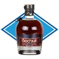 Bottle of Dochus Smokey Isle whisky with a blue diamond shape in the background