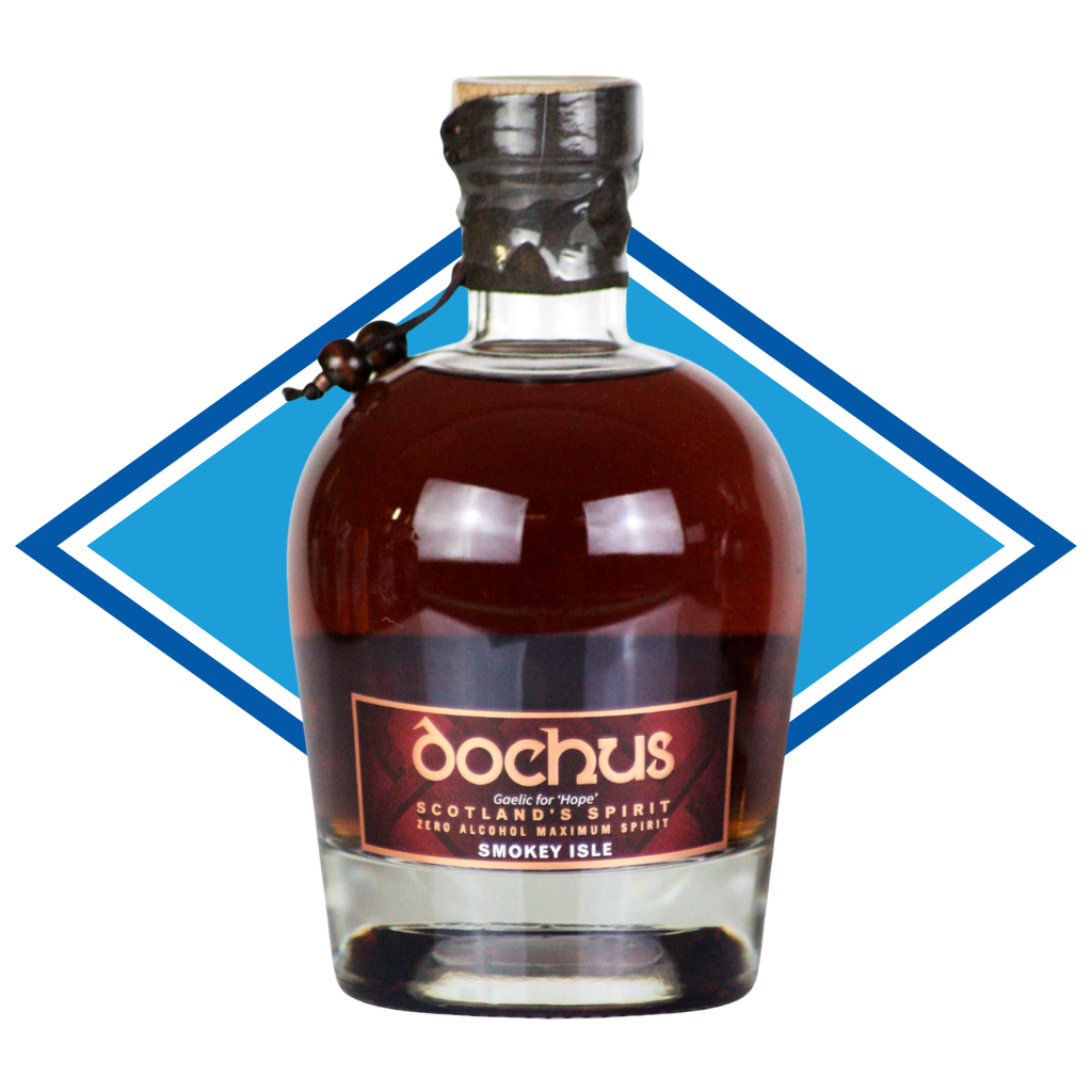 Bottle of Dochus Smokey Isle whisky with a blue diamond shape in the background