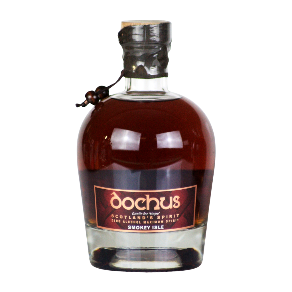 Bottle of Dochus Smokey Isle Scotch Whisky on a white background