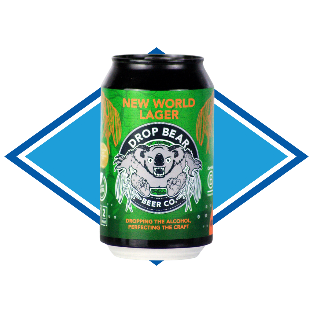 Can of New World Lager in front of The Alcohol Free Drinks Company blue diamond.