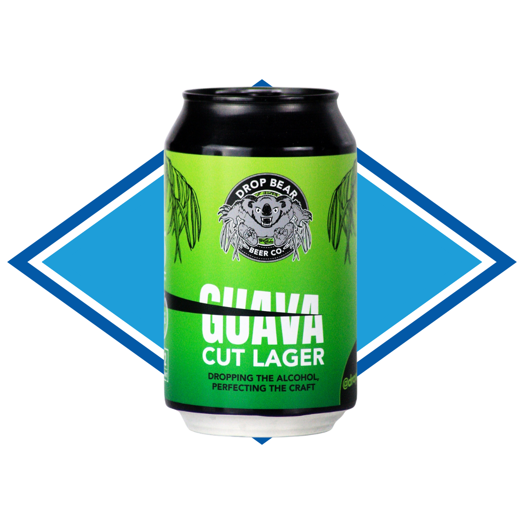 Can of Drop Bear Guava Cut Lager in front of The Alcohol Free Drinks blue diamond.